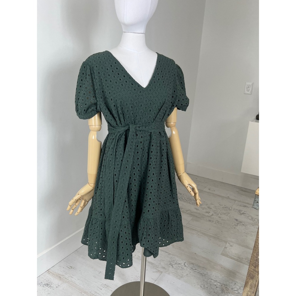Womens Dark Green Eyelet Organic Cotton Puff Sleeve Mini Dress with Belt V-Neck